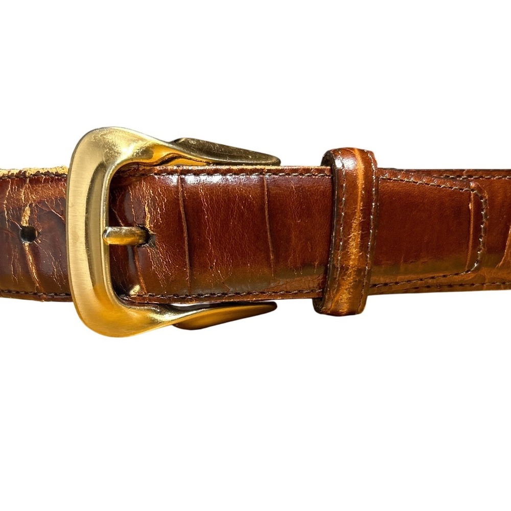 Brighton Brown Embossed Calfskin Leather Belt Gold Buckle Size L (30-43)